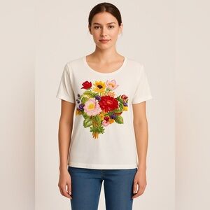 V.I. Petites White Embroidered Floral T-Shirt Women’s Size L (Approx)